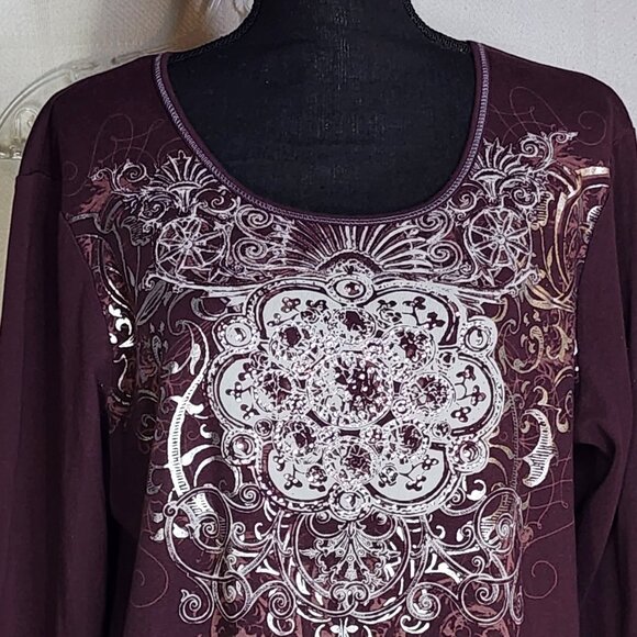 Zenergy Mauve Silver Foil Rhinestone Beaded 3/4 Sleeve Cotton Top Chico 3 US XL - Picture 2 of 16